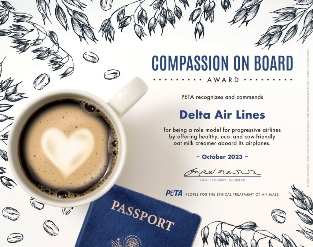 Delta Wins Award From PETA for Adding Oat Milk Creamer to In-Flight Coffee Service