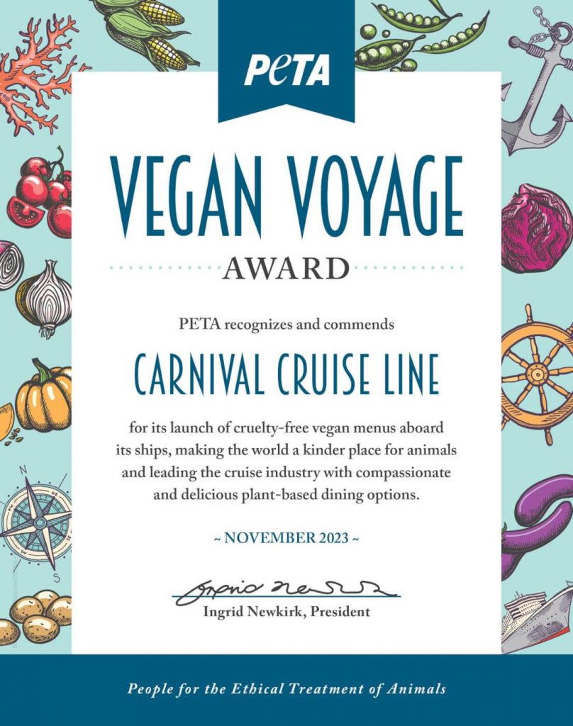 Carnival Cruise Line Wins Top Award From PETA for Stunning New Vegan Menu