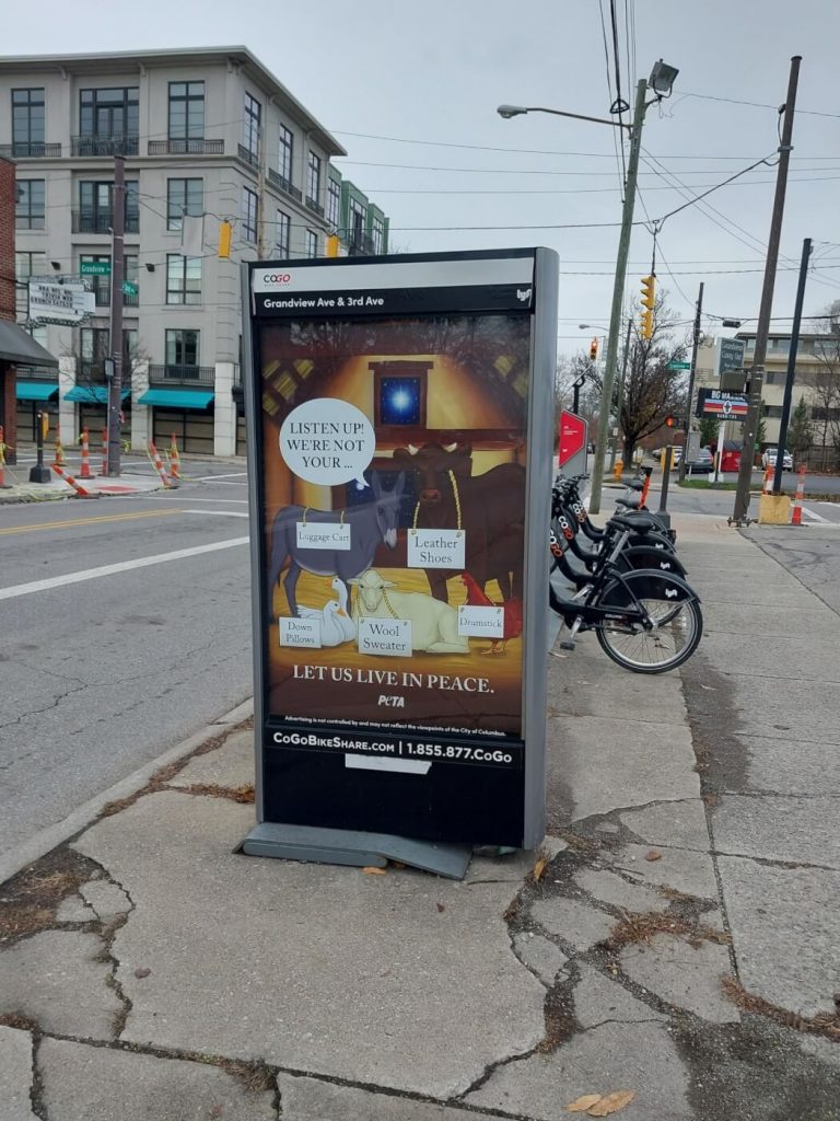 ‘Listen Up! We’re Not Your Stuff’: Animals’ Vegan Nativity Scene Covers Columbus Bikeshares