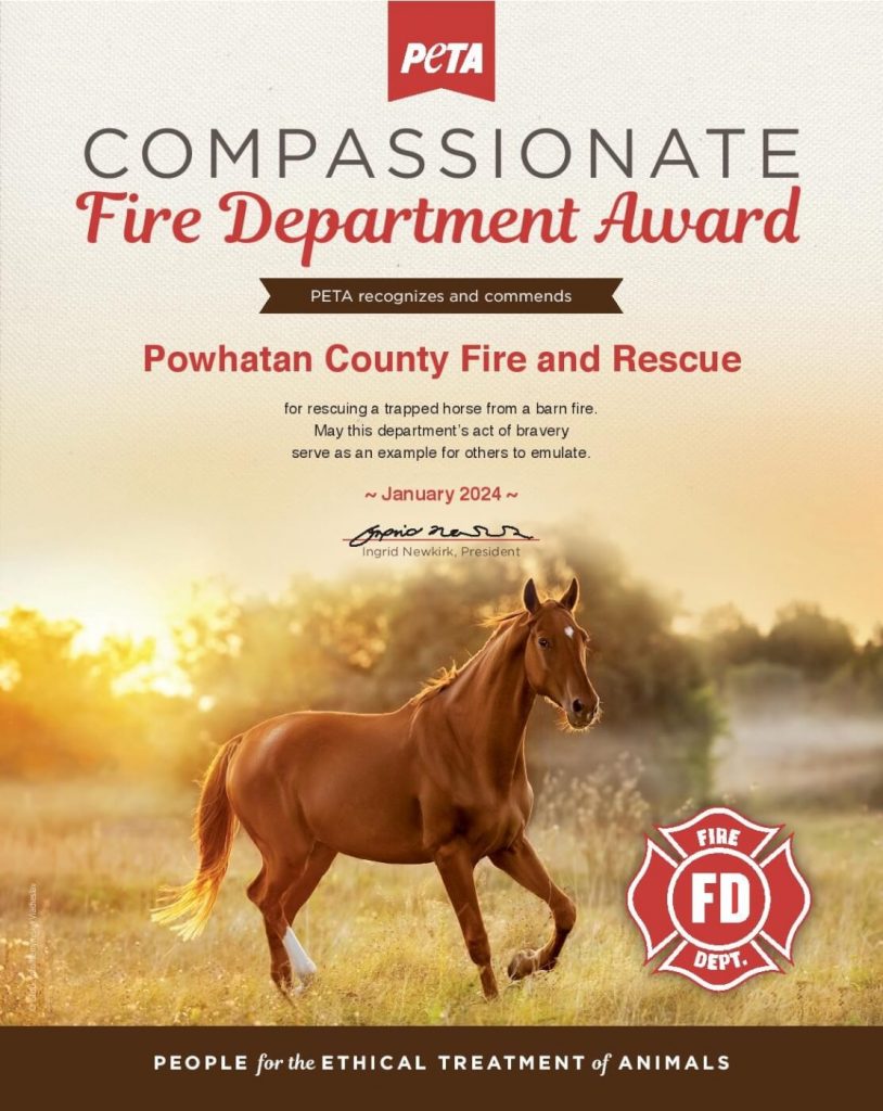 Powhatan County Fire Department, Good Samaritans Nab PETA Awards for Saving Horses From Fire