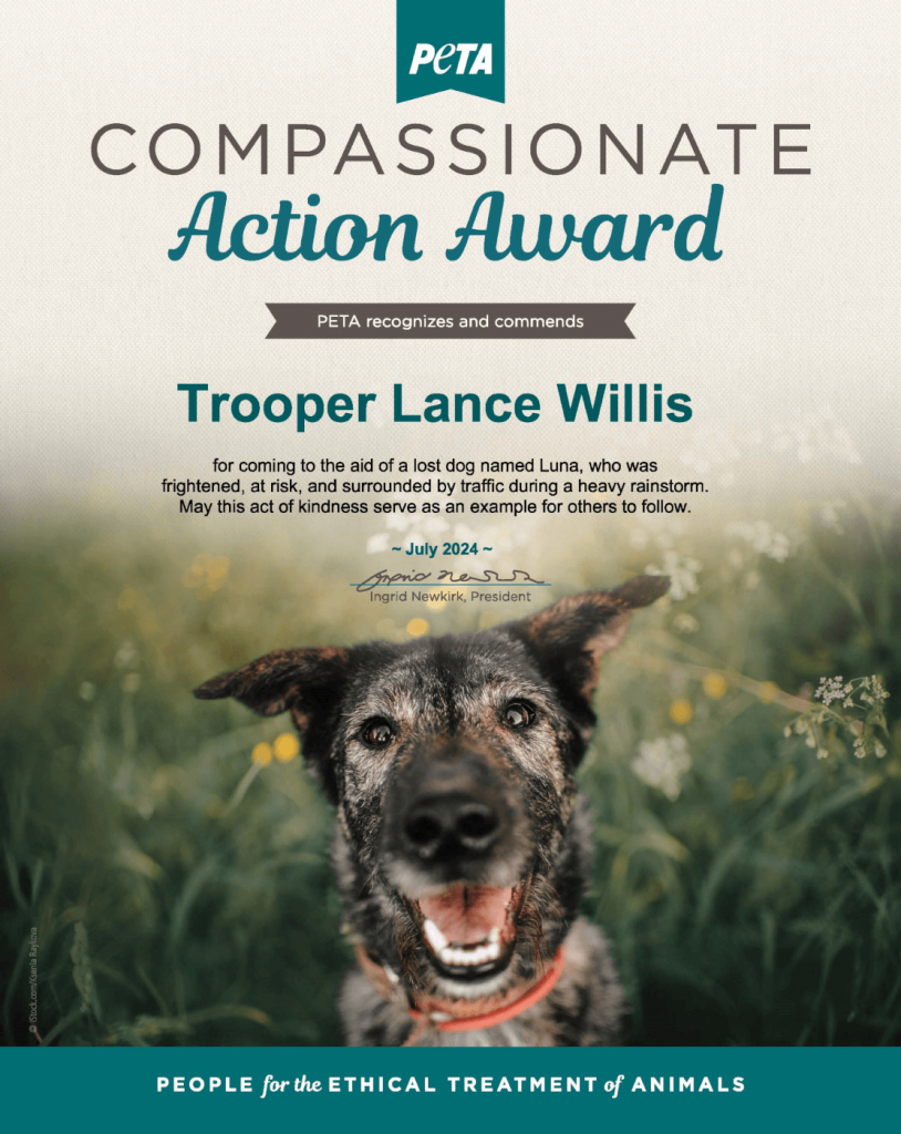 Tennessee State Trooper Nabs PETA Award for Rescuing Stray Dog in Traffic and Rain